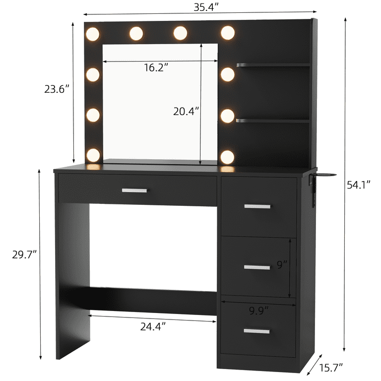 Vineego Makeup Vanity with LED Lights, Vanity Set with Charging Station & Ample Storage, Vanity Desk for Bedroom & Dressing Room, Black