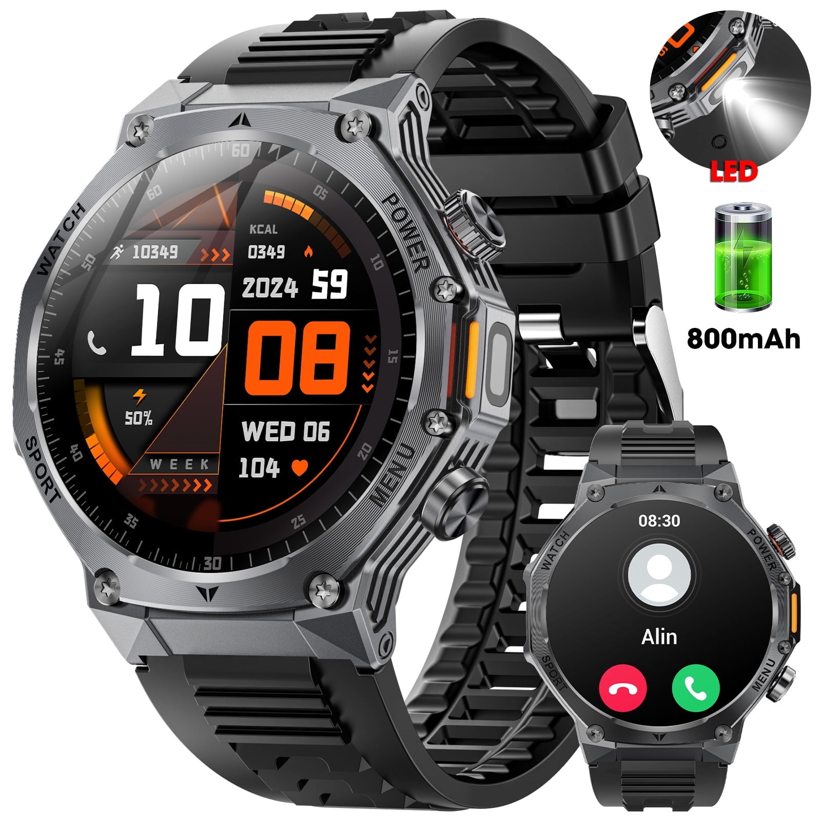 1.8-inch Military Men's Smartwatch fits for Android IPhone Devices with Fitness Tracker, Answer/Call/100 Multi-Sport Mode, IP67 Waterproof Sports Step Tracker (Black)