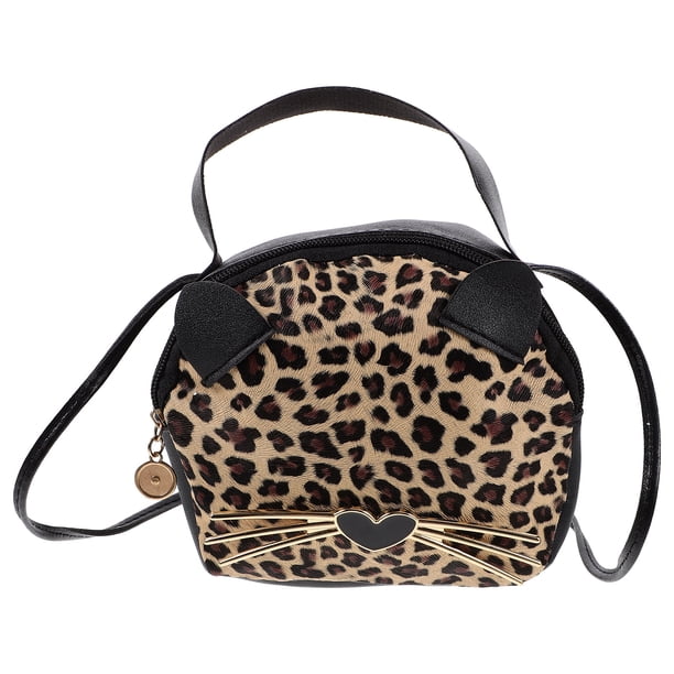 EeaseMX Bolso de mano pequeño y creativo de PU, redondo, informal, con estampado de leopardo y orejas de gato, para chicas y damas (marrón)