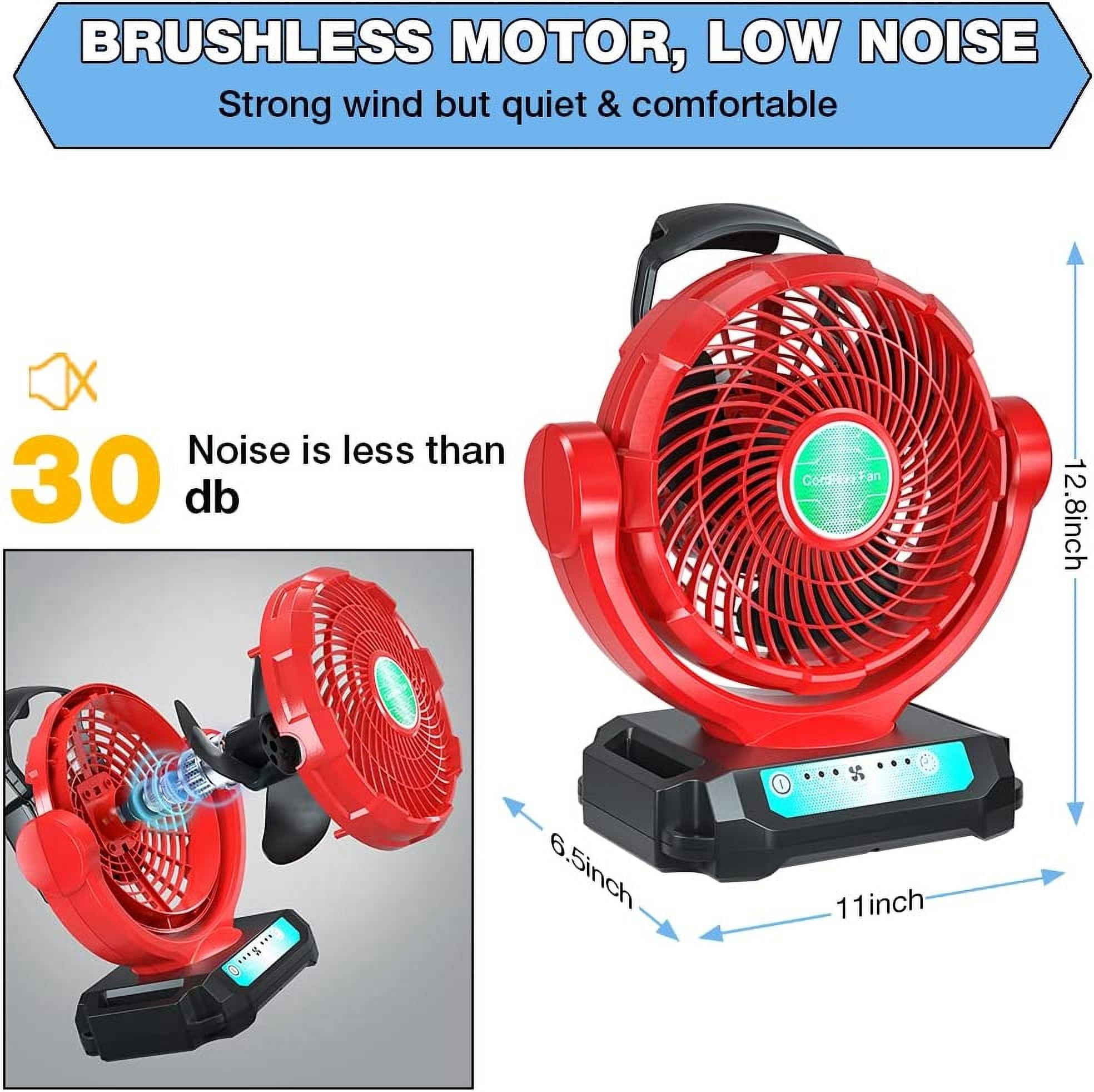Jobsite Fan Powered by Milwaukee M18 18V Battery/AC Adaptor Portable Battery Powered Fan with Timer 3500CFM Cordless Works Fan for Workshop Construction Site for Camping, Garage, Kitchen, Office