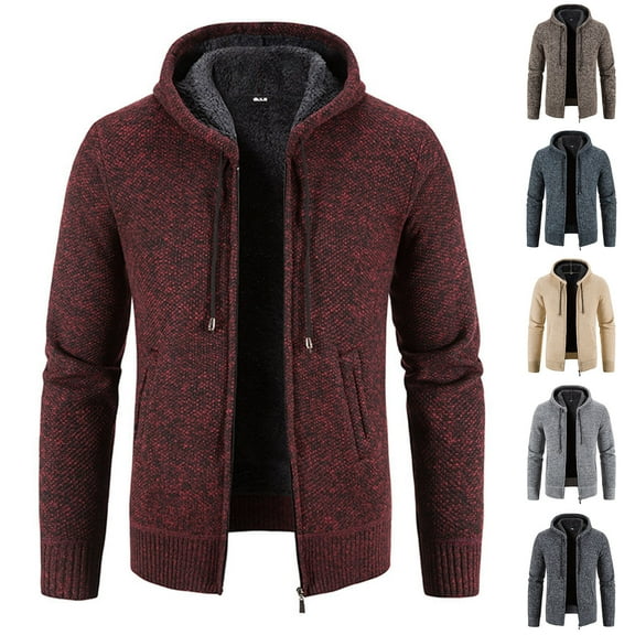 FRSASU Men's Cardigan Hoodies Full-zip Fleece Lined Sweaters Knit Regular Fit Casual Sweater Hooded Coat wiht Pocket Wine