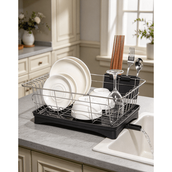Puedo Dish Drying Rack, Stainless Steel Dish Rack for Kitchen Counter, Drainer with Drainboard & Utensil Holder