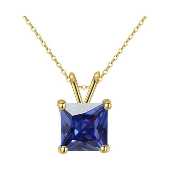Bonjour Jewelers 18K Yellow Gold 1 Carat Created Blue Sapphire Princess Stud Necklace Plated 18 Inch