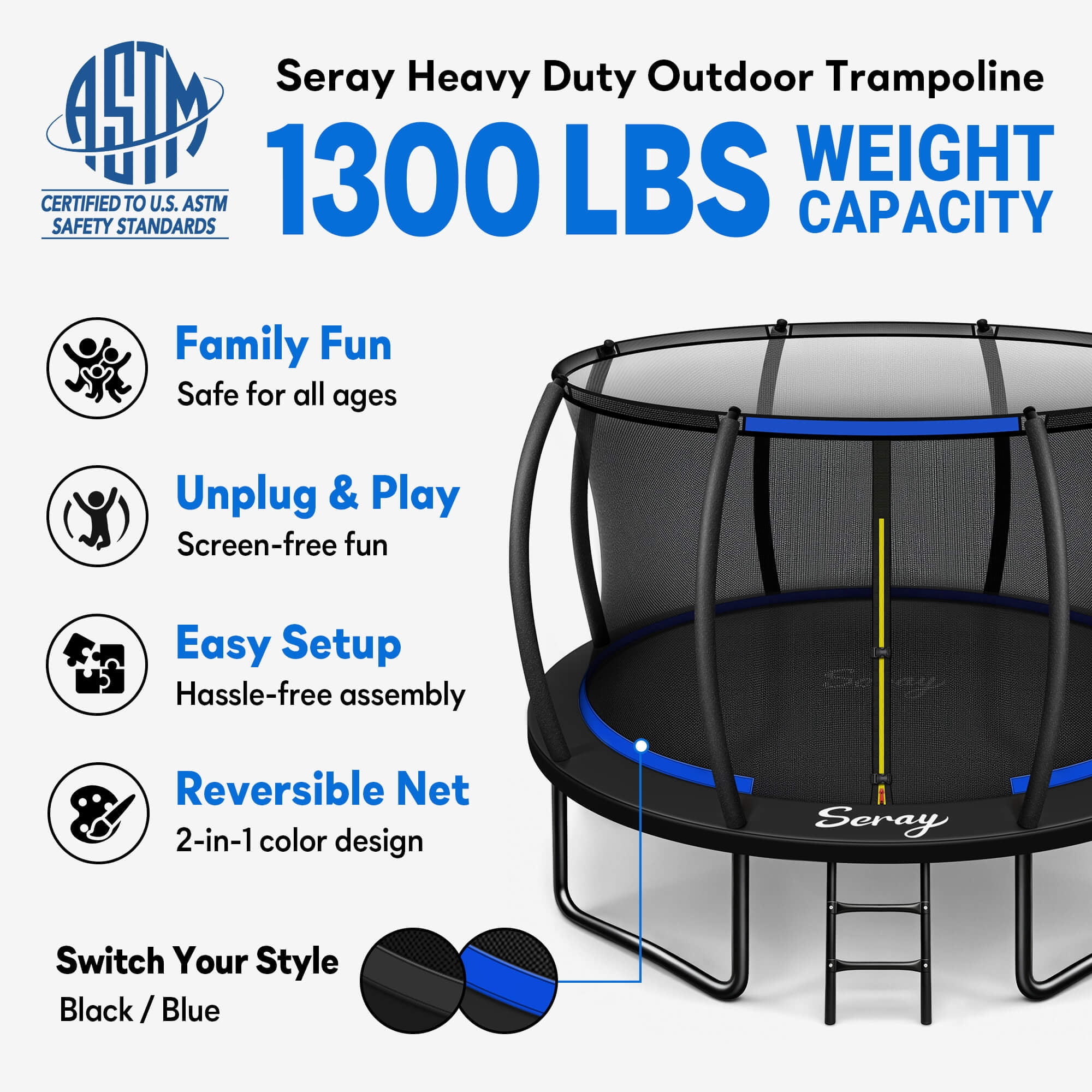 SERAY 10FT, 12FT, 14FT Outdoor Trampoline with Safety Enclosure Net, Ladder and Rust-Resistant Frame, ASTM Certified Backyard Trampoline for Kids and Adults