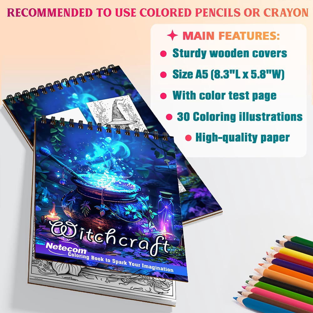 Netecom Witchcraft Coloring Book for Women, A5 Wooden Cover, 30 Enchanting Coloring Pages of Witchy Thing and Magical Potion for Stress Relief and Relaxation, Spiral Bound Edition