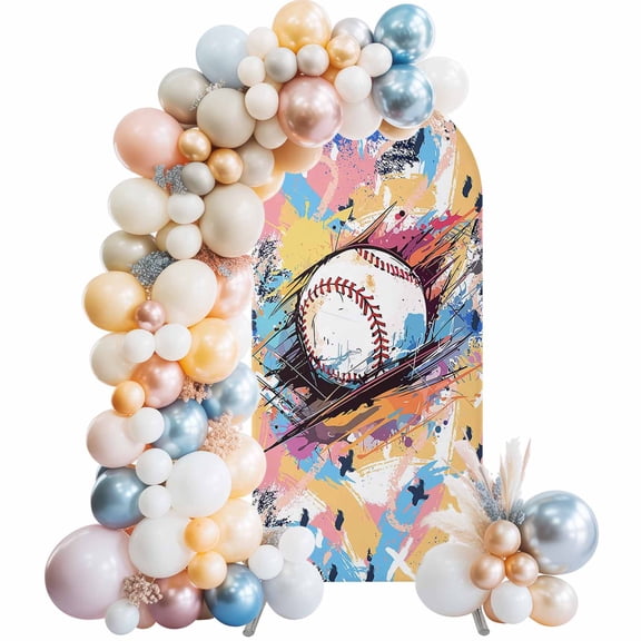 Baseball Sports Arch Backdrop Cover, Spandex Fitted Wedding Arch Cover, Minimalist Geometric Smear Art Round Top Stand Covers for Birthday Ceremony Bridal Shower Party Decor 6.6x3.3 Ft