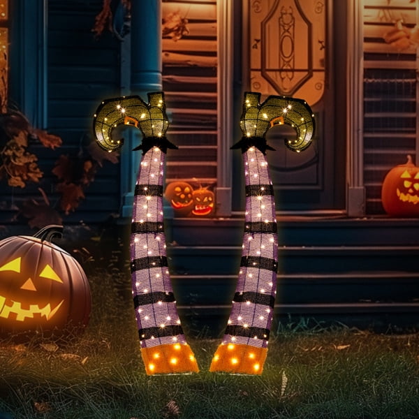 4FT 2D Witch Legs Outdoor Halloween Decorations with 160 LED Lights for Lawn Yard Party