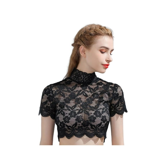 Women Autumn Spring Turtleneck Detachable Collar Elegant Floral Lace Short Sleeve Half Blouse Shirt Pullover Lining Dickey Crop Top Decorative Underwear