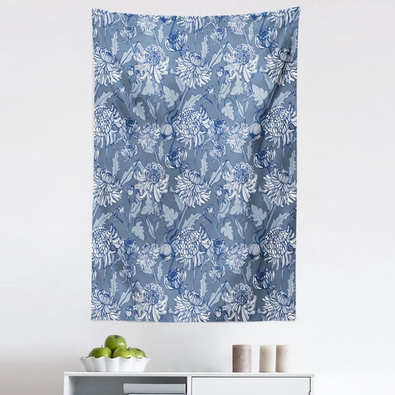 Floral Tapestry, Sketch of Chrysanthemums with Buds and Leaves, Fabric Wall Hanging Decor for Bedroom Living Room Dorm, 5 Sizes, Blue Grey Slate Blue, by Ambesonne
