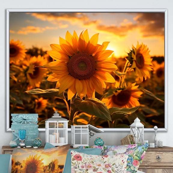 Designart "Yellow Sunflowers landscape Sunrise I" Floral Floater Framed Canvas Art Print