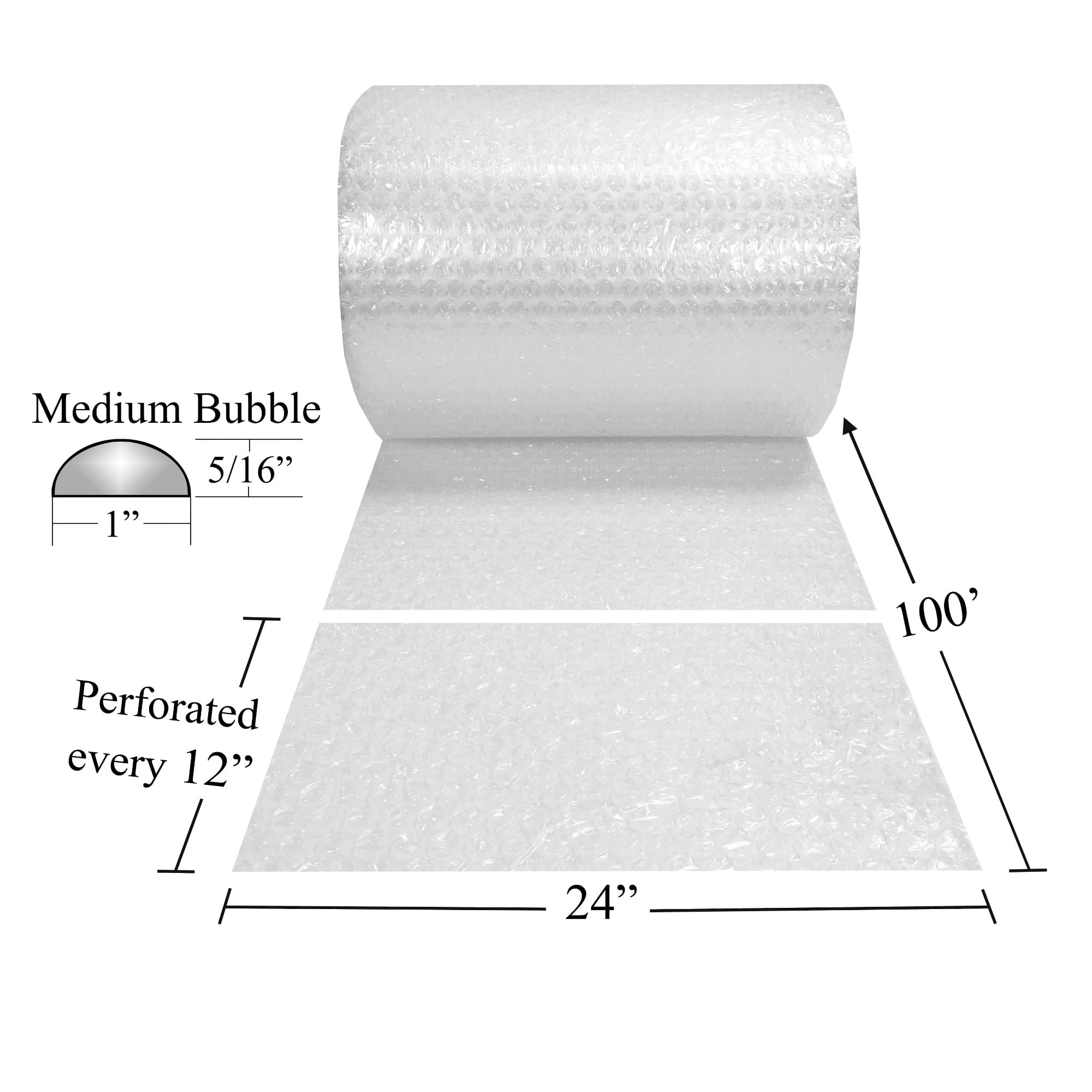 UOFFICE 5/16" Perforated Bubble Wrap Roll, 24" x 100', Clear, 1 Count