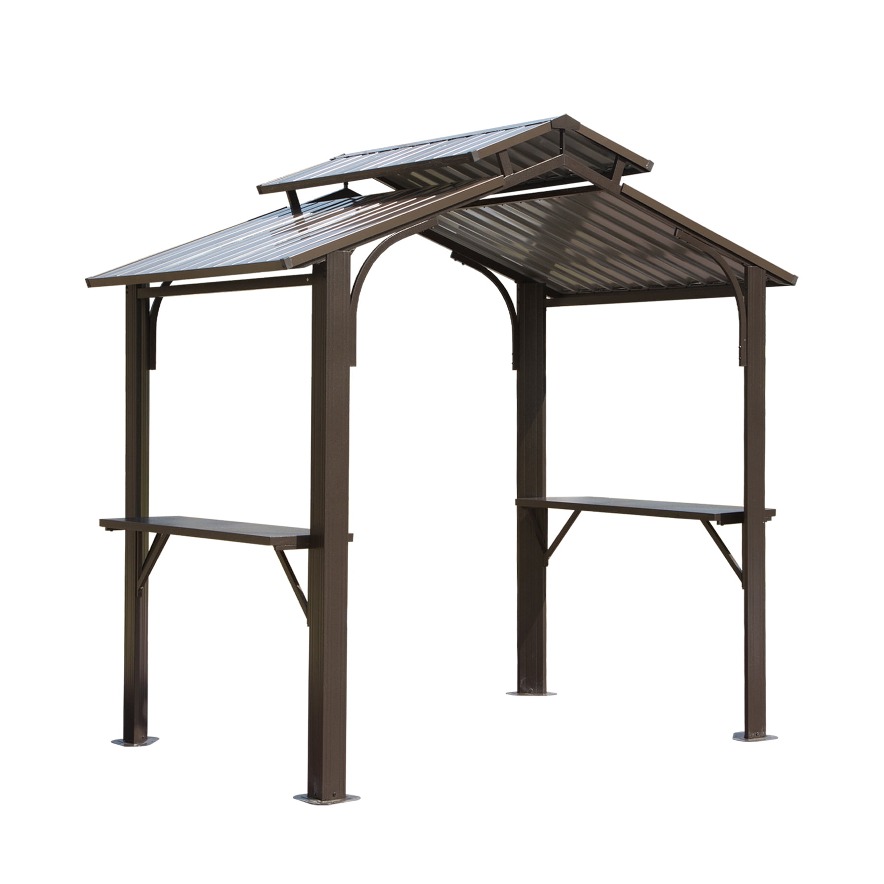 Domi Outdoor Living 8x5FT Aluminum BBQ Gazebo Outdoor Metal Frame with Shelves Serving Tables, Permanent Double Roof Hardtop Gazebos for Patio ,Backyard and Garden (Brown)