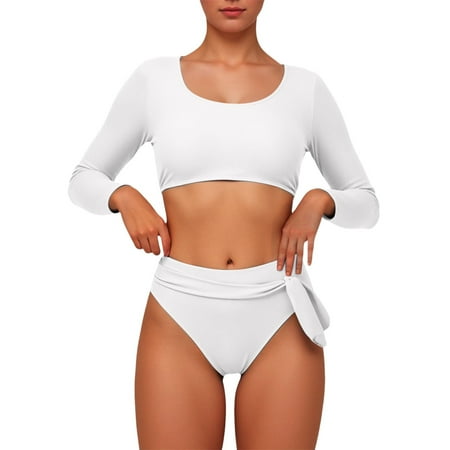 Women Long Sleeve Crop Top Two Piece Cheeky High Cut Thong Bikini Swimsuit Floral Rash Guard Bathing Suit White L