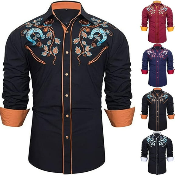Shirts for Men Western Cowboy Long Sleeve Embroidered Slim Fit Casual Button Down Shirts Mens Hawaiian Shirt Brick Red L