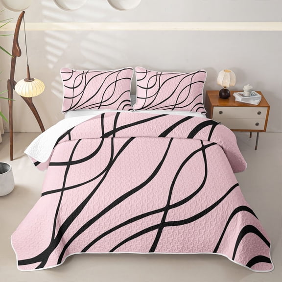Homewish Abstract Lines Twin Quilt Set,Minimalism Artwork Twin Coverlet Set,Black Pink,2pcs