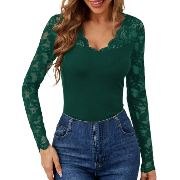 FASHOFT Fall Lace Long Sleeve Tops for Women Trendy Slim Fitted V Neck Going Out Outfits Basic Tight T Shirts Green L