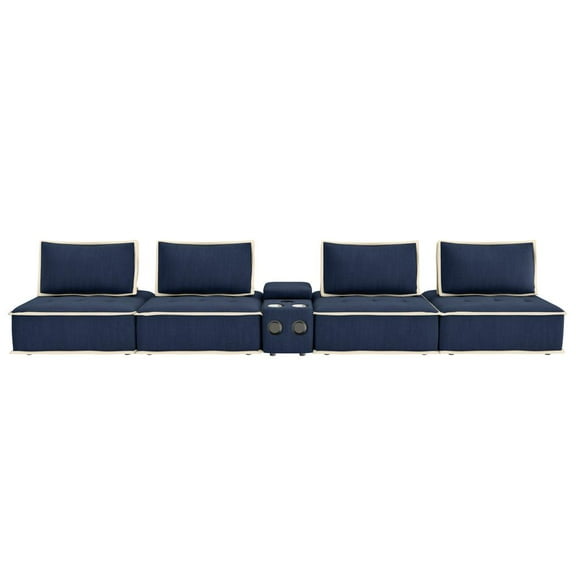 Pixie 5Pc Modular Sectional Sofa/Speaker Console USB Storage/Blue/Cream Fabric
