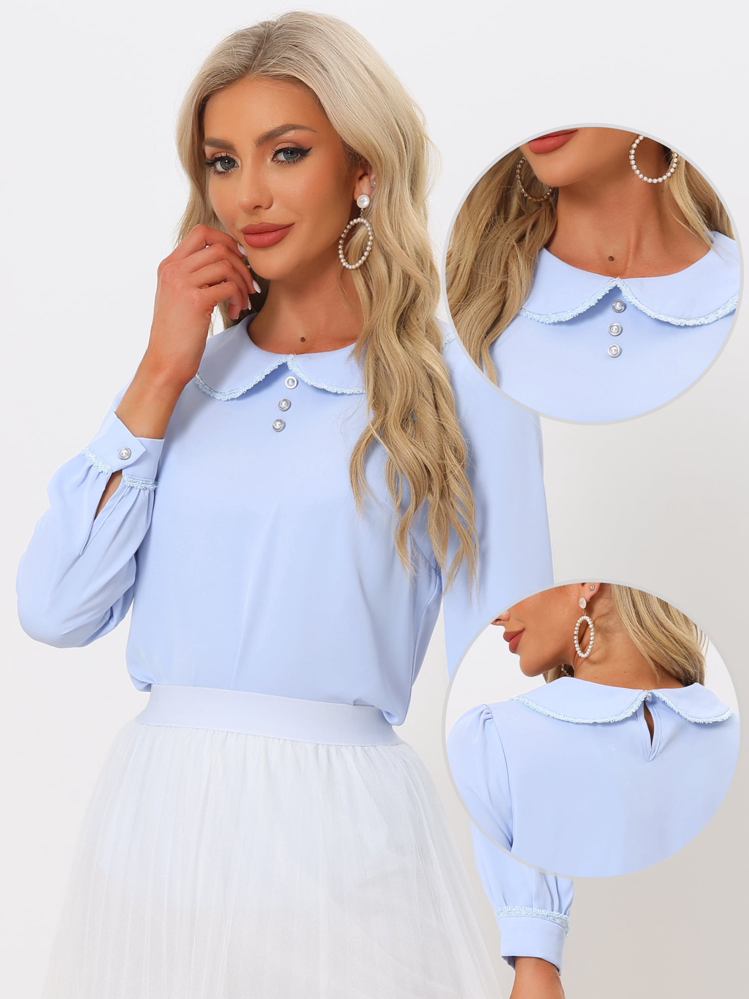 DARING DIVA Women's Contrast Trim Peter Pan Collar Top M Light Blue