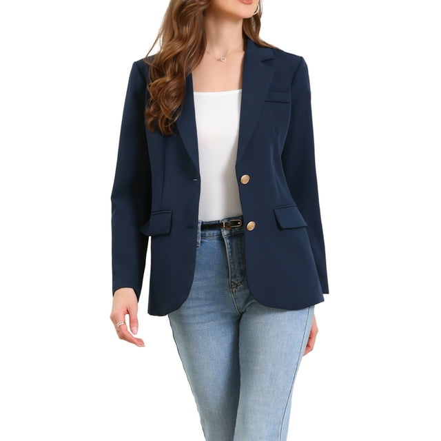 BLAZER CHIC para Mujeres con Solapa Notch, Manga Larga, Saco de Trabajo de Un Solo Botón, Talla L, Azul Oscuro