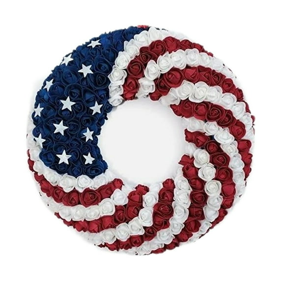 18Inch Patriotic Roses Wreath, 4th of July Summer Soft Touch Foam Roses Wreath for The Front Door, Handcrafted Memorial Day Artificial Flowers for Indoor and Outdoor