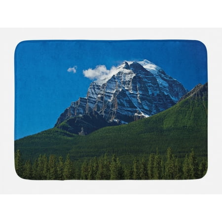 Mountain Bath Mat, Snow Covered Mountain Peaks with Vivid Sky and Vibrant Trees National Park, Non-Slip Plush Mat Bathroom Kitchen Laundry Room Decor, 29.5 X 17.5 Inches, Green Blue White, Ambesonne