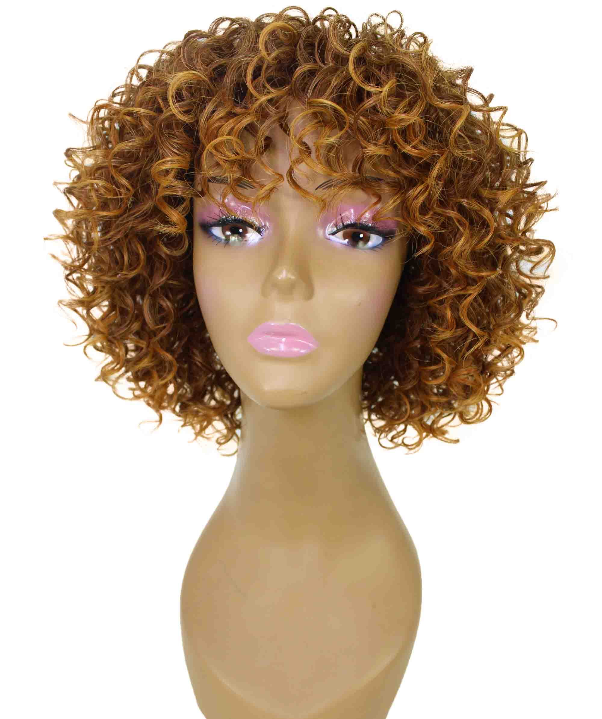 LUXLUXE Gabrielle Curly Pixie 11.5 in Long Full Wig No Lace Wig, Heat Resistant Fibers, Brown to Copper Highlights