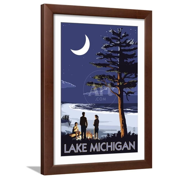 Lake Michigan Bonfire at Night Scene, Framed Art Print Wall Art by Lantern Press Sold by Art.Com