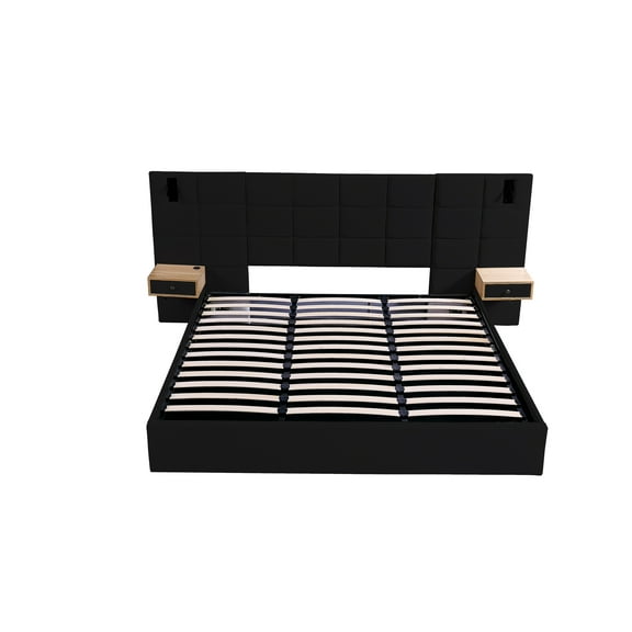 King Size Storage Velvet Upholstered Hydraulic Platform Bed with 2 Shelves, 2 Reading Lamps and USB Port, Black