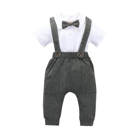 

Nokpsedcb Infants Baby Boy Short Sleeves Romper Suspender Pants Bow Tie Decoration Gentleman Style Clothing White 18-24 Months