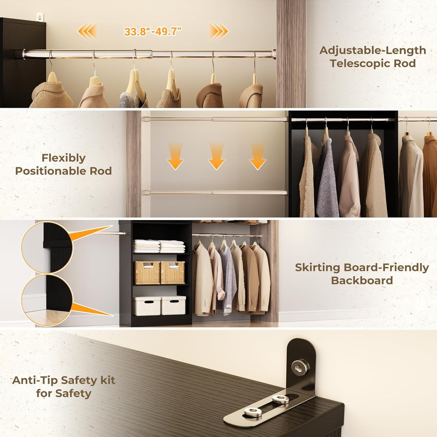 Homieasy Closet Organizers and Storage, 20.5-120'' W Closet System with 5 Hanging Rods, Shelving Tower, Wooden Walk-in Wardrobe Storage, Black