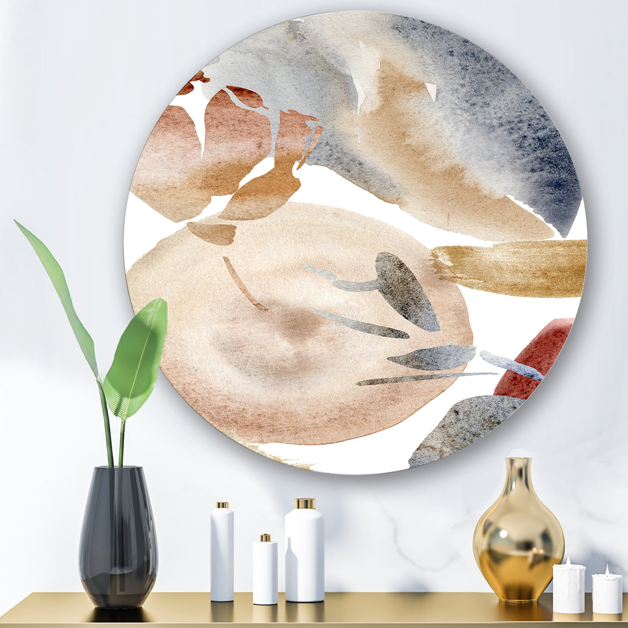 Designart 'Abstract With Red Pink Gold and Beige Spots Pastel' Modern Circle Metal Wall Art 11x11 - Disc of 11