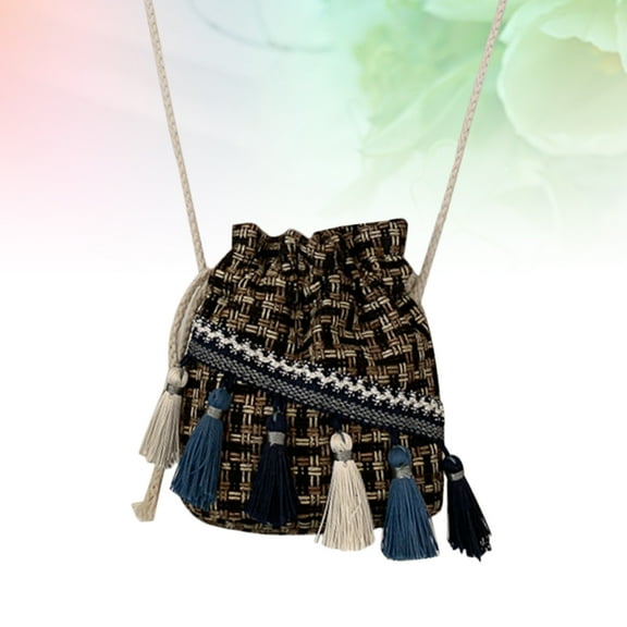 LULULION 1Set Woven Crossbody Bag Black Straw Ethnic Style Casual Holding Cellphone for Women