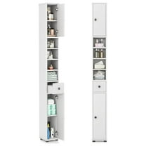 WDZS Tall Slim Bathroom Storage Cabinet, 71" Freestanding Bathroom Cabinet w/ 2 Doors, 1 Drawer & 5 Adjustable Shelves, Floor Narrow Tower Cabinet for Small Spaces, 8" x 8" x 71" (White)