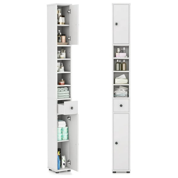 WDZS Tall Slim Bathroom Storage Cabinet, 71" Freestanding Bathroom Cabinet w/ 2 Doors, 1 Drawer & 5 Adjustable Shelves, Floor Narrow Tower Cabinet for Small Spaces, 8" x 8" x 71" (White)