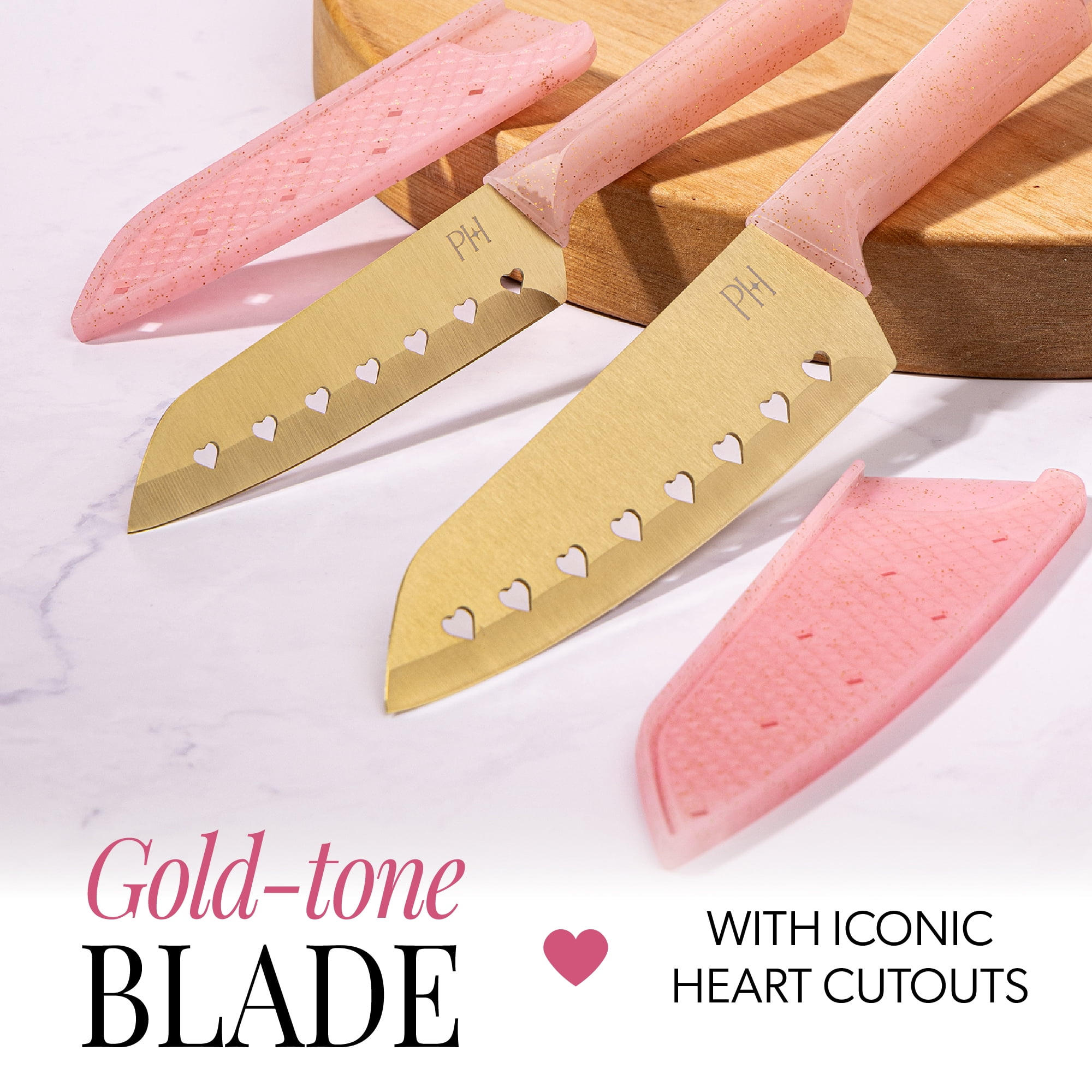 Paris Hilton 2-Piece Santoku Knife Set, Titanium-Coated Stainless Steel Blades with Heart Cut-Outs, Pink Jewel-Faceted Handles