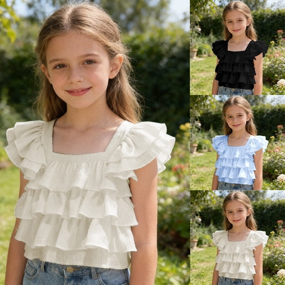 Girls Square Neck Ruffle Sleeve Blouse Kids Tiered Ruffle Crop Top Cute Layered Sleeveless Shirt for Summer Casual Wear White Size 2-3 Years