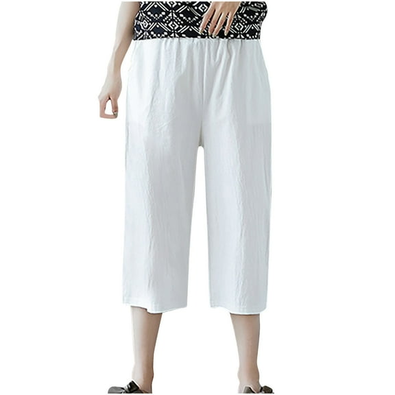 Women's Cotton Linen Wide Leg Pants Elastric Waist Straight Leg Pants Solid Color Loose Capri Trousers with Pockets