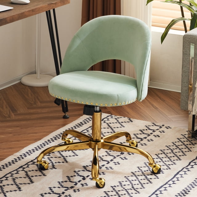 Ktaxon Office Desk Chair Adjustable Flannel Computer Task Chair Small Rolling Vanity Stool with Wheels for Study Make-up Light Green