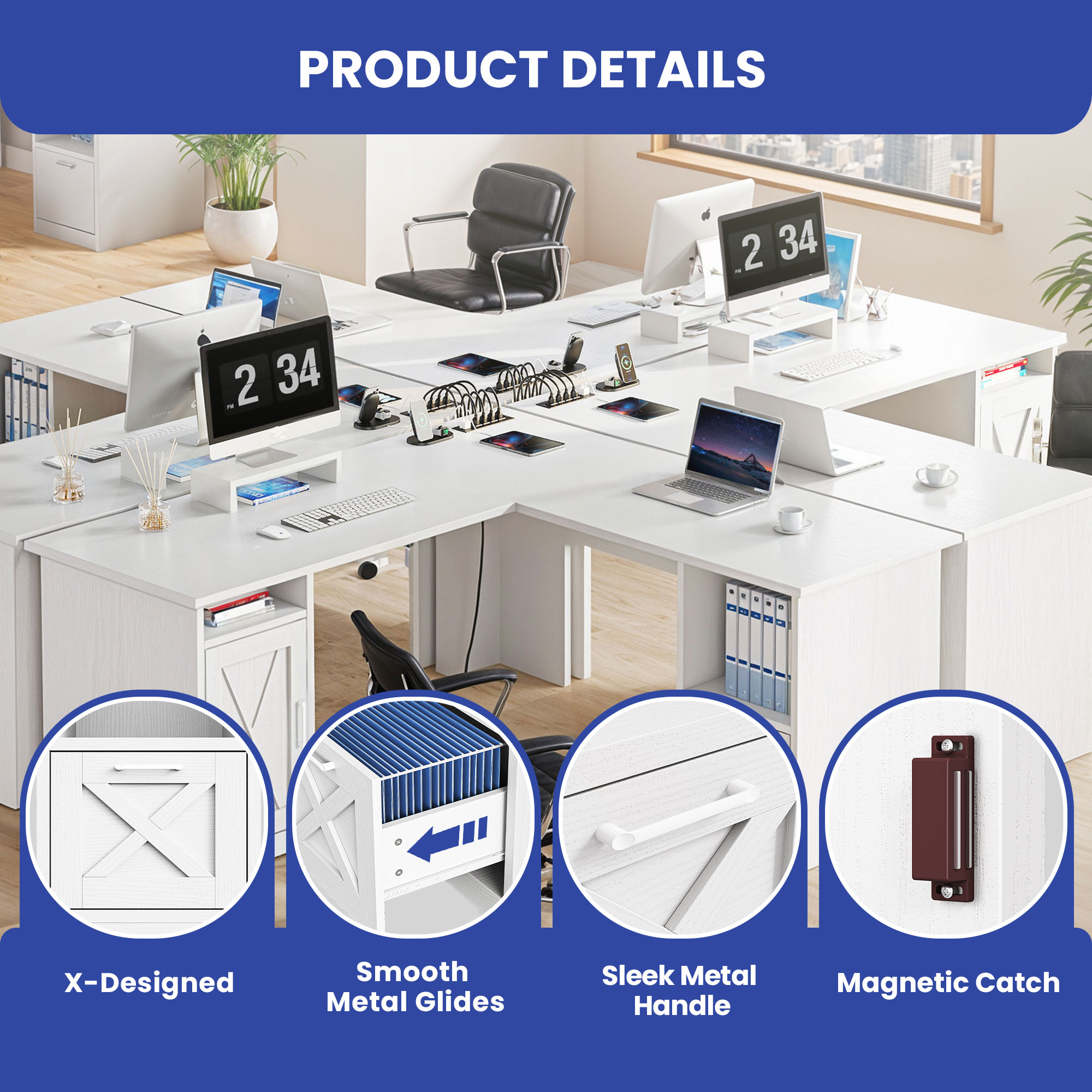 ModFusion 59 Inch L Shaped Corner Computer Desk with Power Outlets & USB Ports, Office Desk with File Drawer, Monitor Stand & Storage Shelves, White