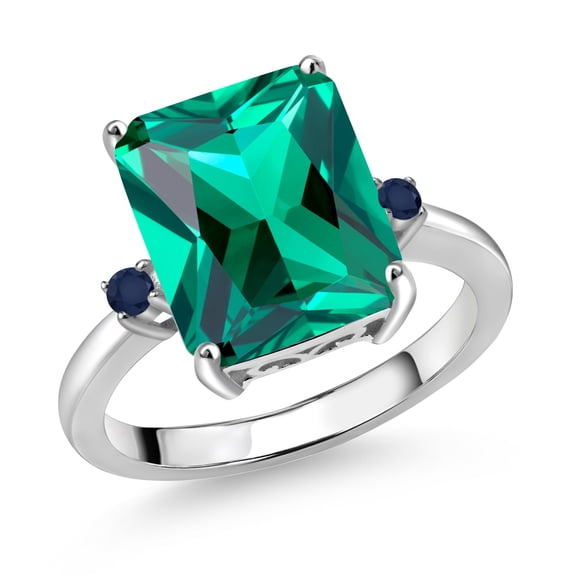 Gem Stone King 925 Sterling Silver 12X10MM Green Nano Emerald and 2MM Blue Sapphire 3 Stone Engagement Ring for Women | 5.57 Cttw | Gemstone May Birthstone | Size 5