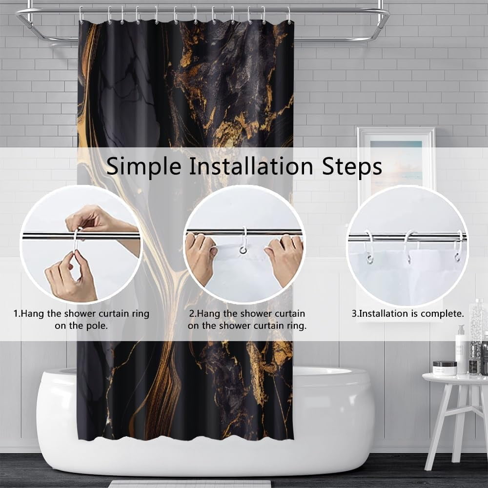 Black Marble Shower Curtain 72x72 inches for Bathroom Abstract Bathtub Room Partition Decoration Modern Gold Marble Waterproof Fabric Shower Curtains Set with Hooks