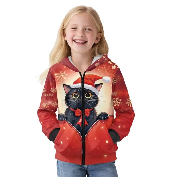 KUIFORTI Christmas Cat Cute Sweatshirts for Girls 6-7 Thick Sweatshirt with Pocket for Girl Fleece-Lined Soft Full Zip Up Casual Long Sleeve Jacket for Spring, Fall and Winter