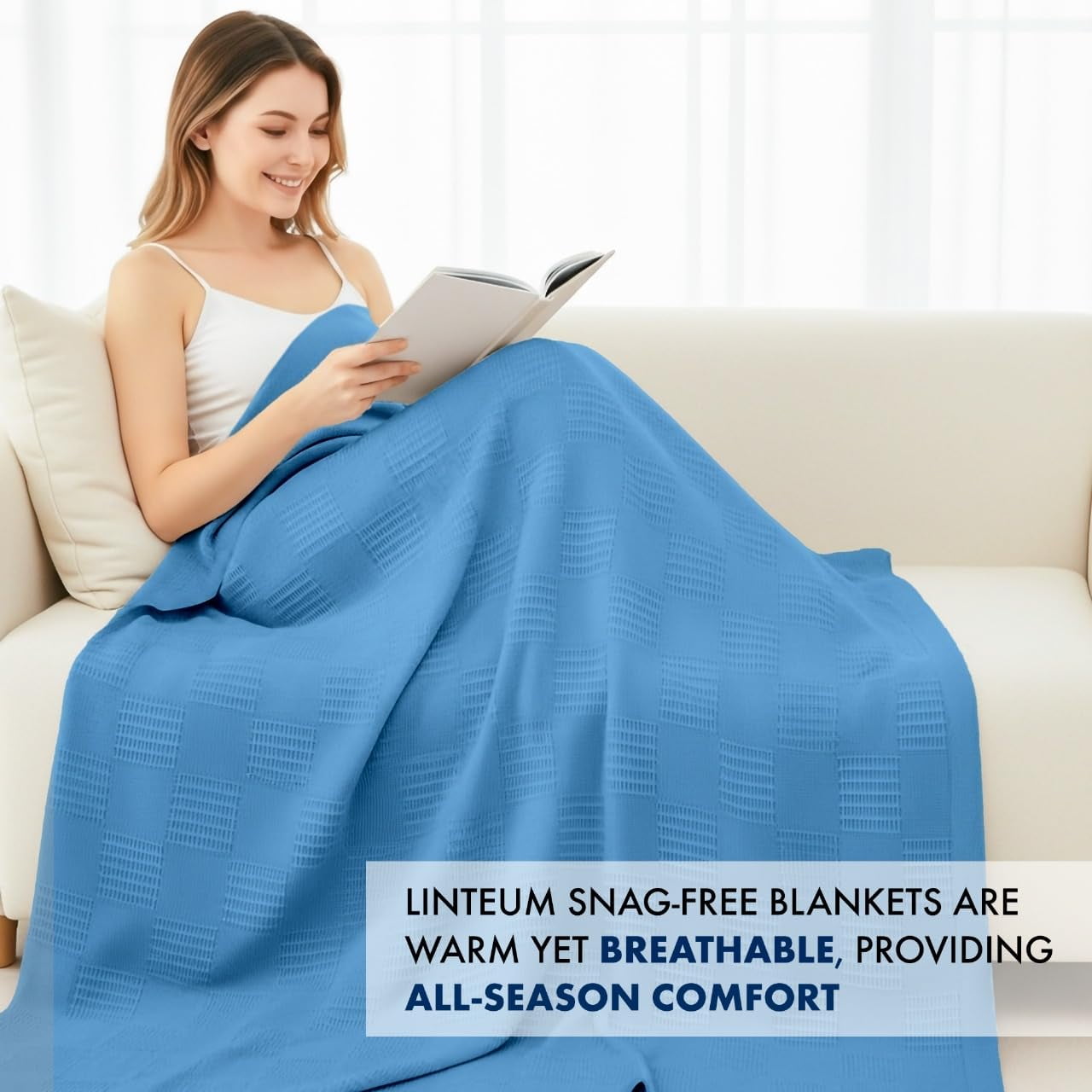 Linteum Textile Supply 100% Cotton Thermal Snag-Free Blanket (Blue, Twin) 66x90 in