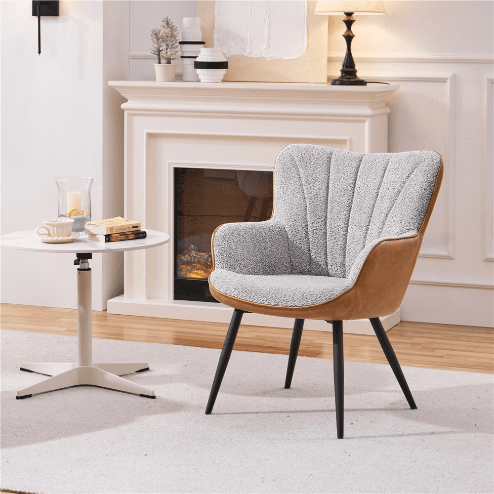 Renwick Modern Upholstered Faux Leather Accent Chair with Pleated Curved Back, Retro Brown