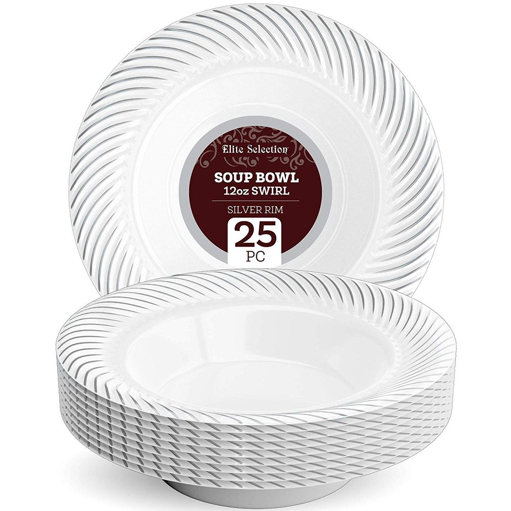 Disposable Plastic Soup Bowls 25 Pack 12 Oz. White Bowl with Elegant