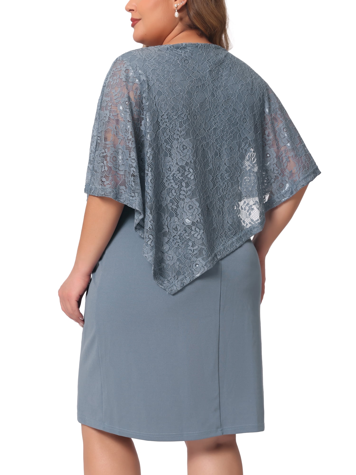 DARING DIVA Women's Plus Size Cape Lace Overlay Dress 2X Gray Blue