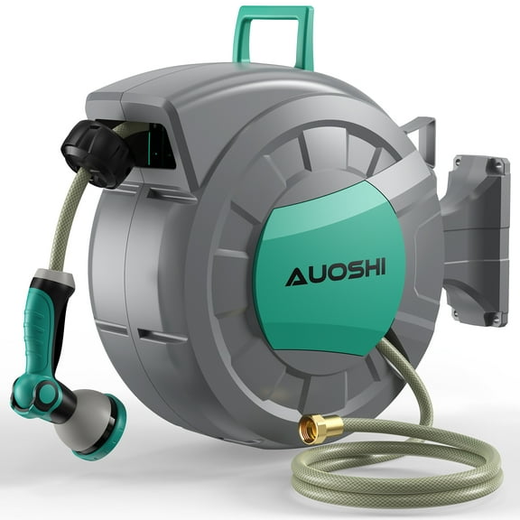 AUOSHI Retractable Garden Hose Reel 1/2 Inch 100ft Automatic Hose Reel with 10 Function Sprayer Nozzle Wall Mount 180 Deg Swivel Bracket Hose Reel with Any Length Lock Slow Return System