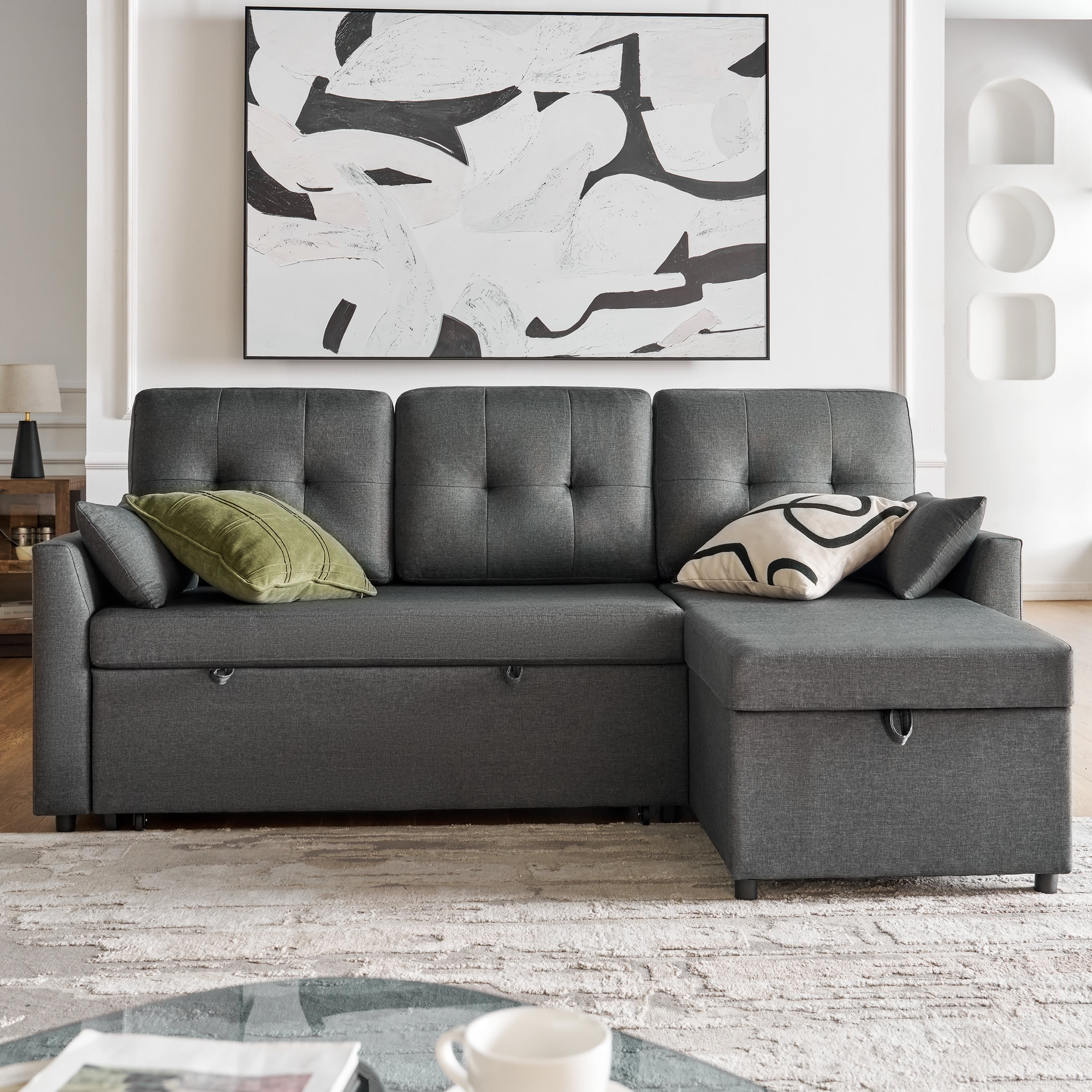 MERLUXY 84" Sofa Bed, Reversible Pull Out Couch with Storage Chaise for living Room, 3 Seater, Gray