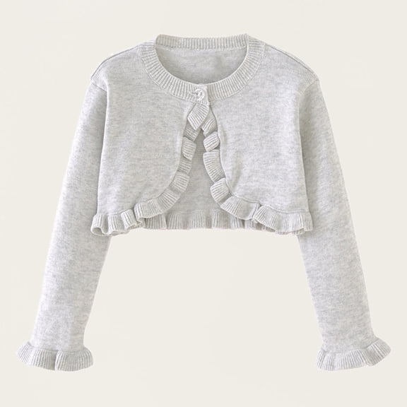 Girls Cropped Knit Cardigan Solid Ruffle Button Lightweight Sweater Shrugs for Dress Formal Wedding Gray 9Y