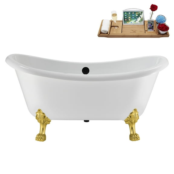 59" Streamline N4880GLD-BL Soaking Clawfoot Tub and Tray With External Drain in Matte Black and Polished Gold Clawfeet